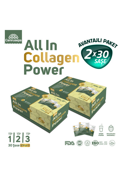 Camrusepa ALL IN COLLAGEN POWER Tip 1-2-3 2 li Avantaj Paket (2x30 Saşe) Ahududu Aromalı - Toz Kolajen