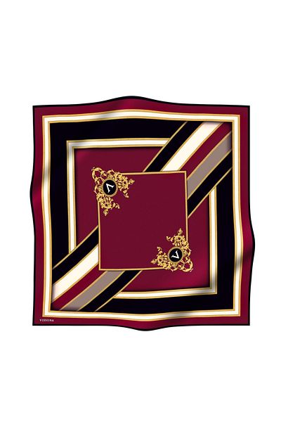 Vissona 100% Twill Silk Baroque και Γεωμετρικό Μοτίβο Βουργουνδίας - Μαύρο Χρώμα 90x90 Φουλάρι Σχήμα Ραπτικής: Ράψιμο στο χέρι