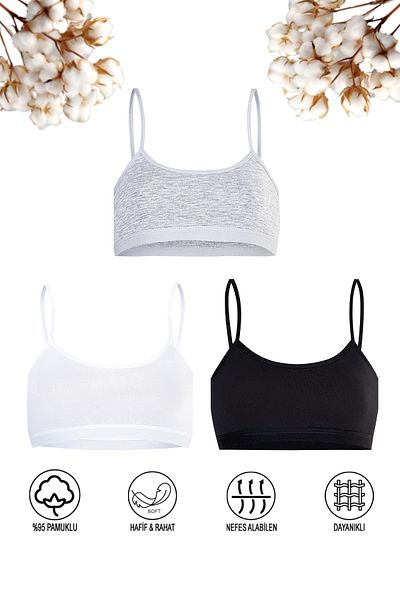 ÖZKAN underwear Сутиен за тренировка Özkan 42324, чифт от 3 памучни бюстиета за момичета, единичен джърси, без подплънки, гъвкав, удобен