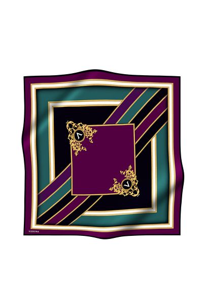 Vissona 100% Twill Silk Baroque και Γεωμετρικό Σχέδιο Plum - Petrol Green Χρώμα 90x90 Σχήμα Φύτευσης Κασκόλ: