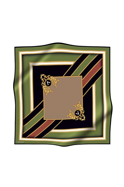 Vissona 100% Twill Silk Baroque και Γεωμετρικό Χακί - Μπεζ Χρώμα 90x90 Σχήμα Ραπτικής Κασκόλ: Ράψιμο στο χέρι