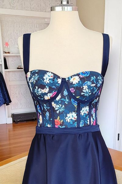 FİYPER Navy Blue Midi Length Floral Pattern Satin Skirt Night and Graduation Dress