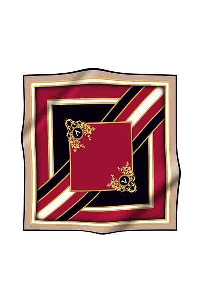 Vissona 100% Twill Silk Baroque και Γεωμετρικό Μοτίβο Βουργουνδίας - Μπεζ Χρώμα 90x90 Φουλάρι Σχήμα Ραπτικής: Ράψιμο στο χέρι