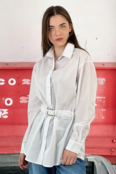 Miss Poem Γυναικείο μακρύ λευκό πουκάμισο με διάφανη ζώνη μέσης