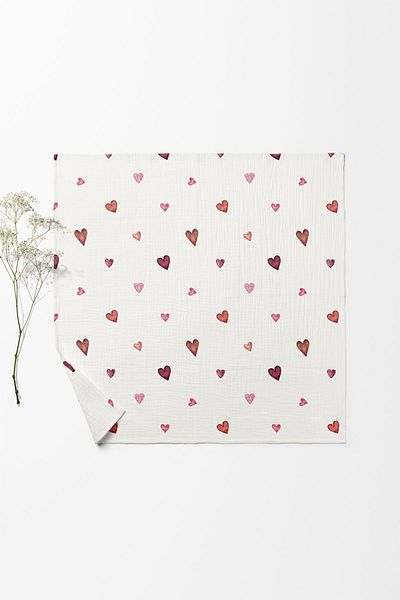 fevale 4 Layer Muslin Blanket - Red Heart Patterned Baby Blanket - Four Layer Muslin 100x110 Cm