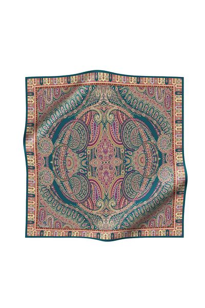 Vissona Eșarfă 100% twill 90x90 cu model Etro din mătase albastru petrol - cusut manual