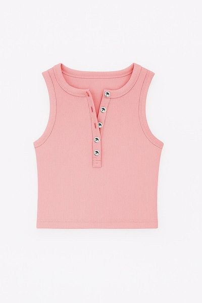ablukaonline Women's Button Detailed Rib Fabric Crop Tank Top Pink