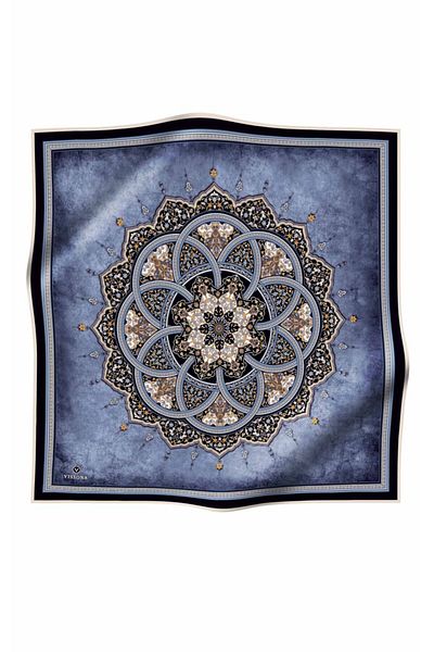 Vissona 100% Twill Silk Shawl Pattern Indigo - Σχήμα φόρμας κασκόλ 90x90 σε μπλε ναυτικό χρώμα Ράψιμο στο χέρι