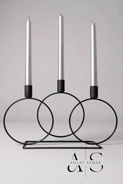 Ahlat Store Siyah Şamdan Mumluk Metal 3 Gözlü Yuvarlak Halka Mumluk Ev Dekorasyon, Şamdan Mumluk