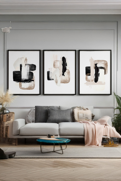 Ryta Minimalist Fırça Darbeleri Gerçek Ahşap Çerçeveli 3lü set Tablo
