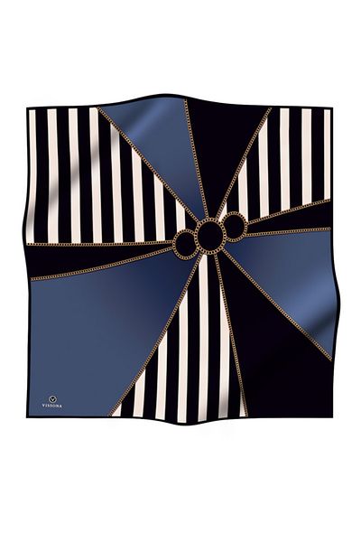 Vissona 100% Twill Silk Chain Line Pattern Μαύρο - Χρώμα Indigo 90x90 Σχήμα ραπτικής κασκόλ: Ράψιμο στο χέρι