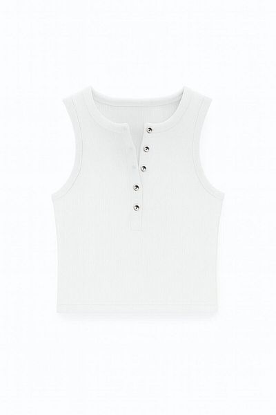 ablukaonline Women's Button Detailed Rib Fabric Crop Tank Top White T-Shirt