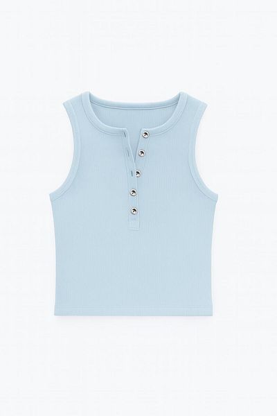 ablukaonline Women's Button Detailed Rib Fabric Crop Tank Top Light Blue