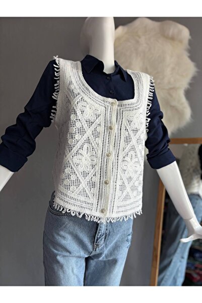 rengamoda Women's Lace Detail Buttoned Knitwear Vest