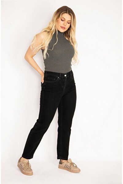 Şans Kadın Büyük Beden Siyah, Arka Cep Dikiş Detaylı, Yüksek Bel 5 Cep Kot Pantolon 65N39006