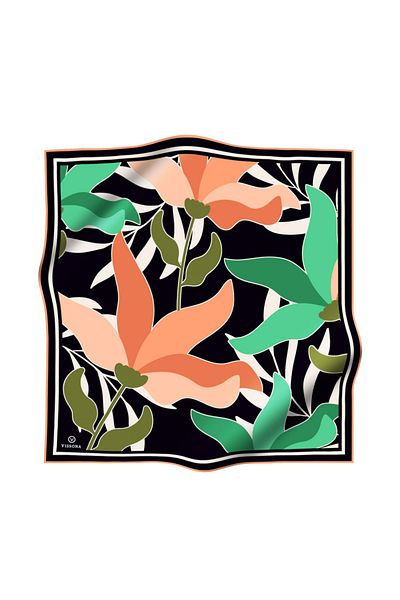 Vissona Water Green Silk Leaf Patterned Salmon - 90x90 Twill Scarf: Ράψιμο στο χέρι