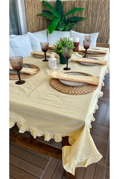 Decamor home Thin Keten Sarı Pötikare Fırfırlı Masa Örtüsü