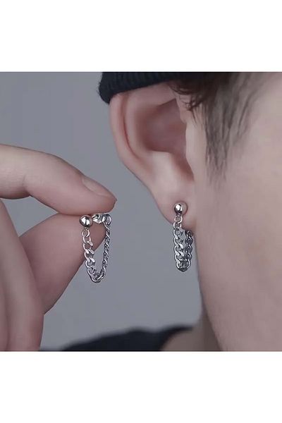 ACAR TAKI Men's Steel Chain ​​Earrings-Silver Color Acr5495