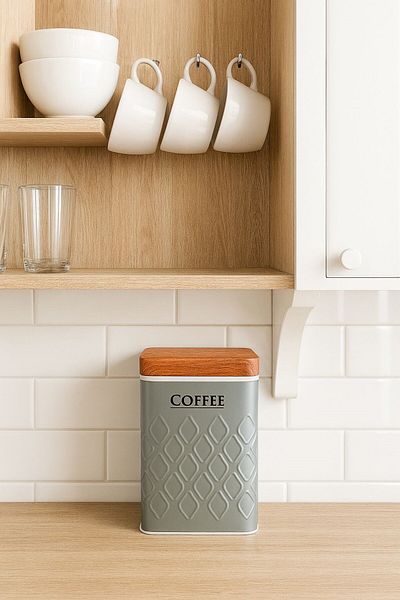 Arma House Wooden Look Metal Lid 1 Piece Seersucker Gray Coffee Storage Box & Jar 17*11*8 cm
