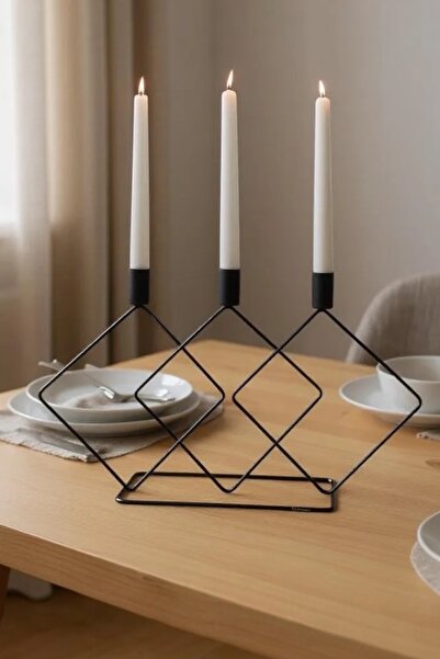 Ahlat Store 3'lü Kare Siyah Şamdan Asimetrik Mumluk Dekoratif Mumluk Paslanmaz Kaplama