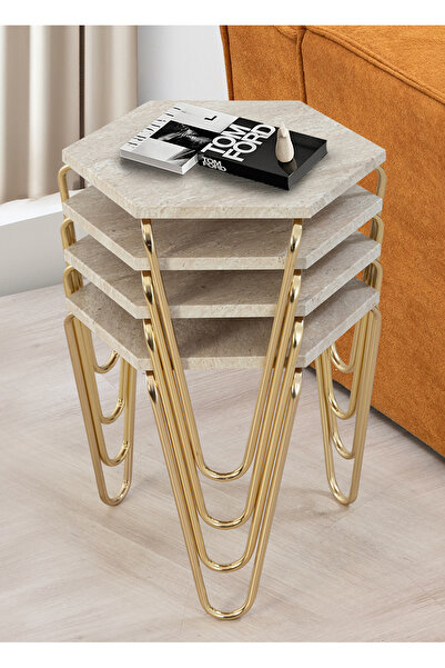 Veys Sehpa TRAVERTER -GOLD - 4 LÜ PİRAMİT ZİGON SEHPA