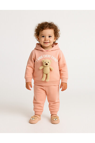 Mika Bebek & Çocuk Girl's Powder Pink 3 Thread Slim Fit Sweat Suit with Plush...