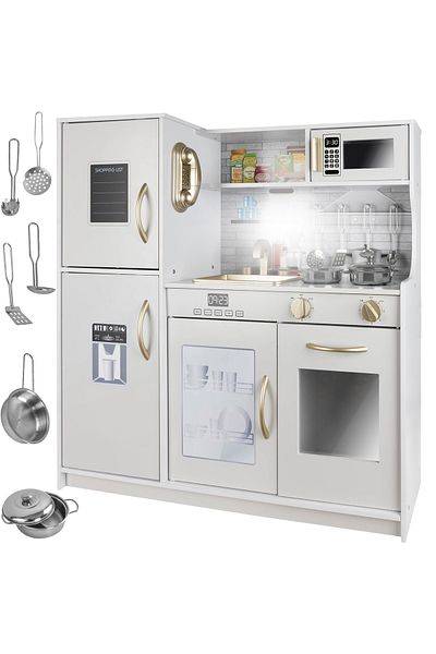 Smart Vibe Kindervibe Wooden Children's Kitchen Set, Led, Sounds, Oven, Microwave, Sink, 80.5cm, White/gold
