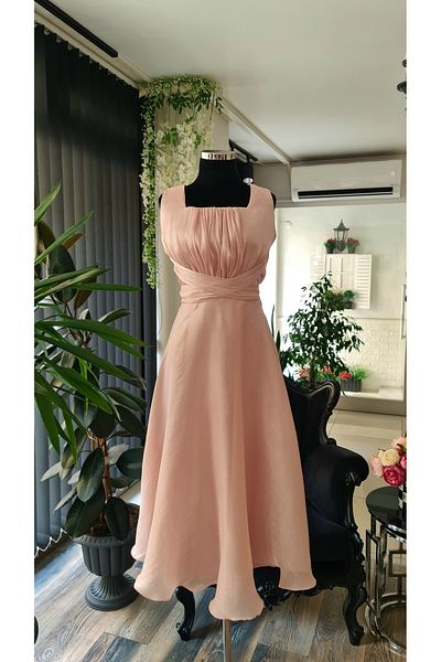 makbuleofficial Pink Color Sparkly Chiffon, Square Collar Promise Engagement Graduation Dress
