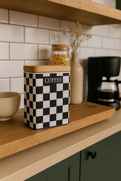 Arma House Wooden Look Metal Lid 1 Piece Black and White Checkerboard Storage Box & Jar 17*11*8 cm