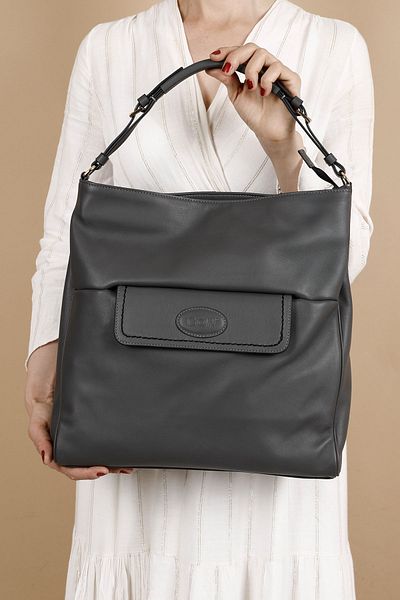 GÖNDERİ(R) GRAY ANTIQUE Gön Platinum Genuine Leather Large Size Women's Shoulder and Hand Bag B7081