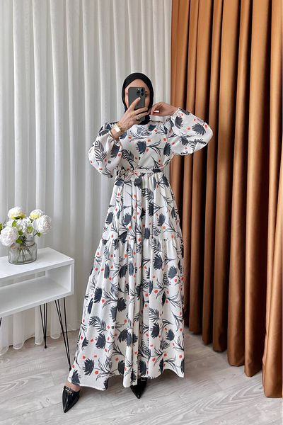 Neşeli Butik Γυναικείο Λινό Μοτίβο Φόρεμα Hijab Sms002 - Μαύρο