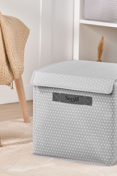 Serstil Gray Spotted under Cabinet Laundry and Toy Organizer Folding Storage Box with Lid 30X30X30Cm