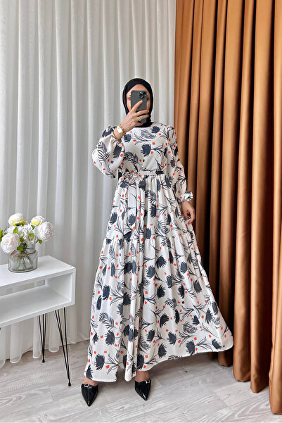 Neşeli Butik Γυναικείο Λινό Μοτίβο Φόρεμα Hijab Sms002 - Μαύρο