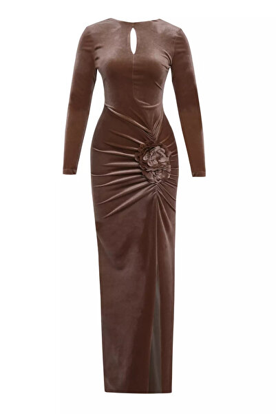 Keikei Vizon kadife uzun kol uzun elbise