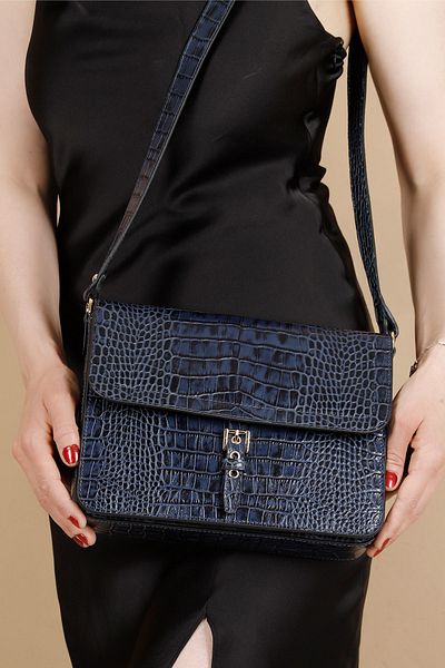 GÖNDERİ(R) DARK BLUE KRAKO Gön Platinum Genuine Leather Medium Size Women's Shoulder Bag Q8254