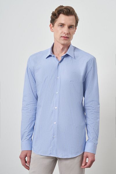 Morven Ανδρικό πουκάμισο A. BLUE Cotton Trend Slim Fit με σκληρό γιακά