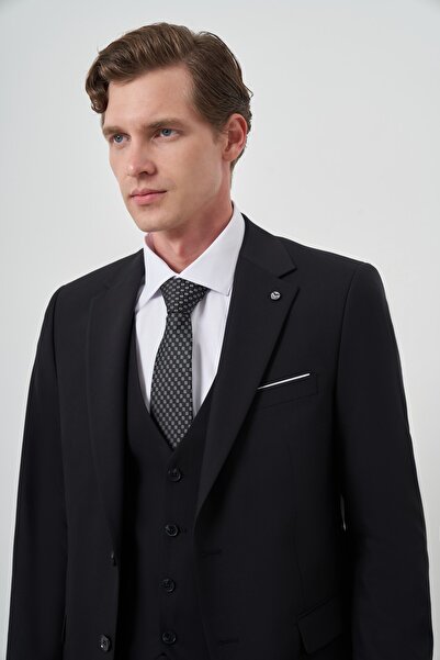 Morven Men's Black Polyviscon Basic Vest Slim Fit Mono Collar Suit