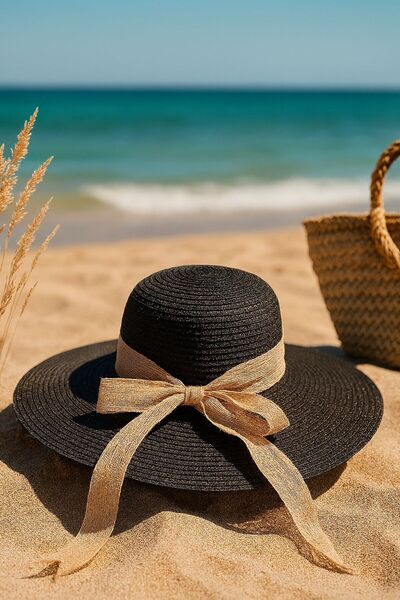 Axesoire 14232-32 Μαύρο φαρδύ ψάθινο καπέλο με φιόγκο από σχοινί γιούτας