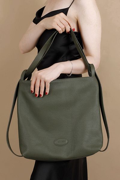 GÖNDERİ(R) KHAKI FLOTER Gön Platinum Genuine Leather Large Size Women's Shoulder and Backpack B7740