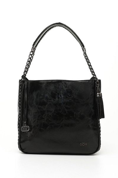GÖNDERİ(R) Women/Girls Black Patent Leather Tassel Shoulder Bag