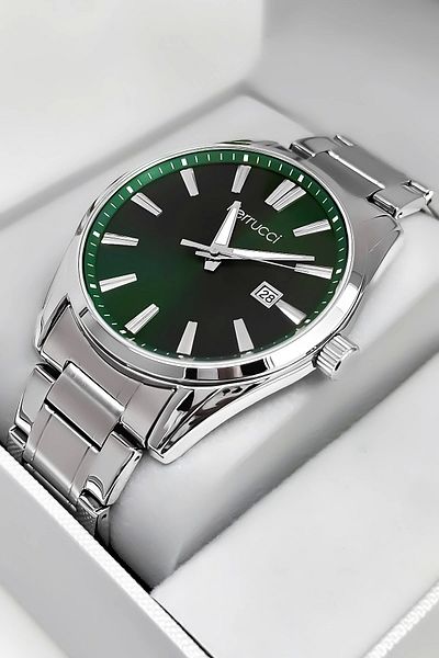 Ferrucci Men's Wristwatch with Calendar Steel Band 3 Atm Water Resistant Bracelet Silver-Green Sd with Gift