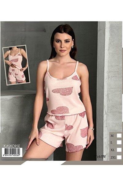 pijamania Women's Camisole Fabric, Large Heart Pattern, Strap, Shorts Set.