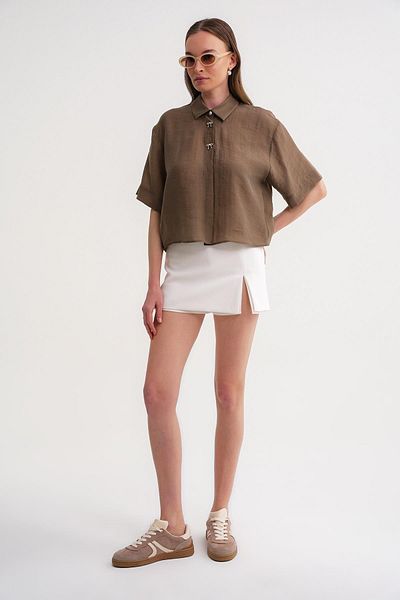 Mixray Women's Combination 4663 Buttoned Crop Shirt Brown Color