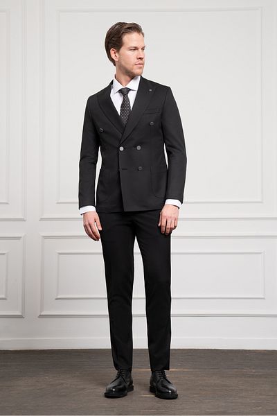 Morven Men's Black Double Breasted Slim Fit Pointed Collar Suit