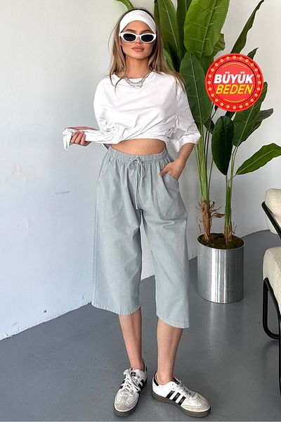 Dechers Women's Large Size High Waist Linen Look 100% Cotton Capri W203