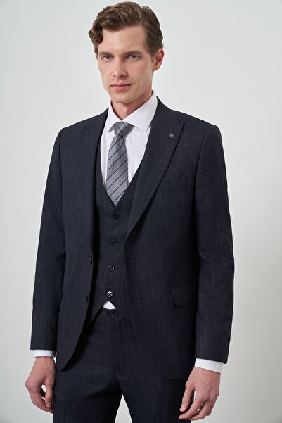 Morven Erkek Lacivert Trend Yelekli Slim Fit Sivri Yaka Takım Elbise