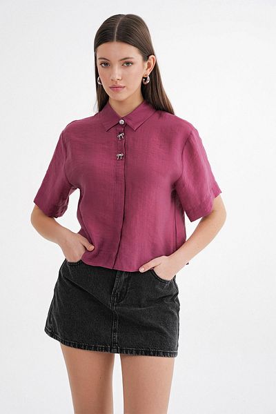 Mixray 4663 Cămașă Crop cu nasturi pentru damă, roșu Claret