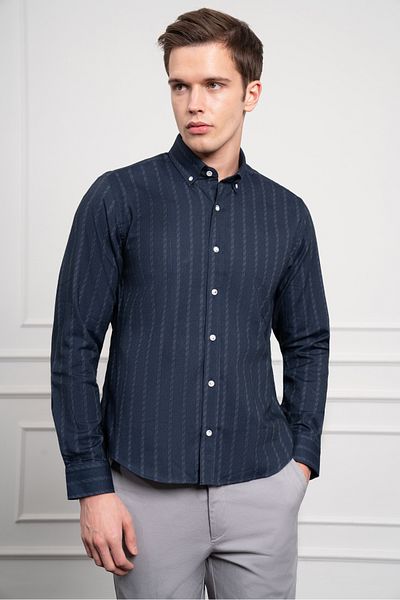 Morven Ανδρικό πουκάμισο με πέτο με κουμπιά Navy Blue Winter Dynamic Fit