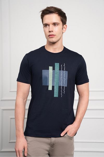 Morven Ανδρικό μπλουζάκι με λαιμόκοψη Navy Blue Trend Dynamic Fit βαμβακερό