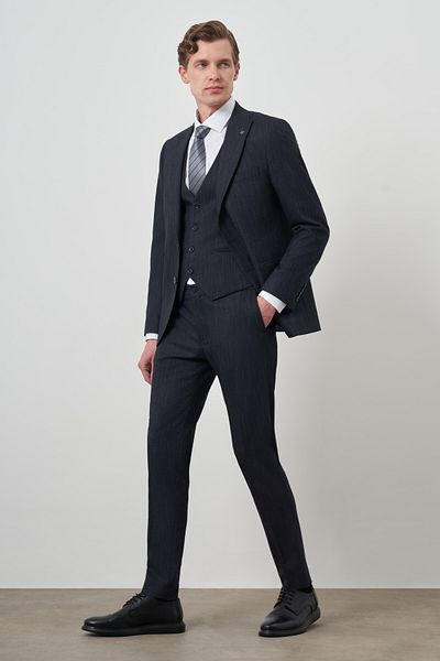 Morven Men's Navy Blue Trend Vest Slim Fit Pointed Collar Suit
